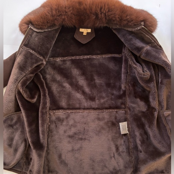 Wilsons Leather Brown Faux Shearling Coat Real Fox Fur Removable Collar Woman M - Picture 6 of 16